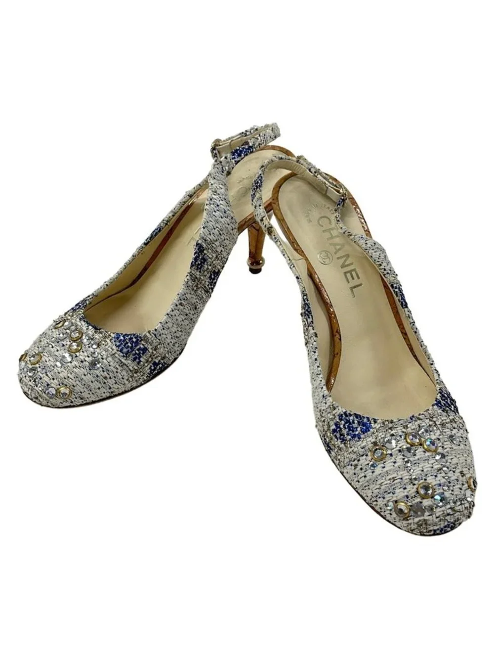 Chanel Sandals White Blue Gold Rhinestone CC Logo